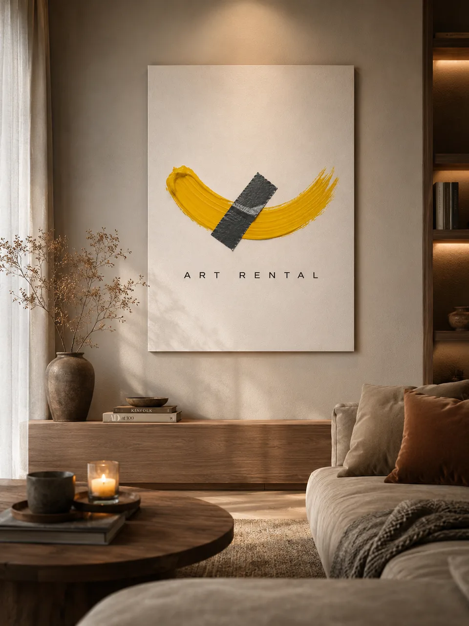 Холст с логотипом ArtRental на стене гостиной